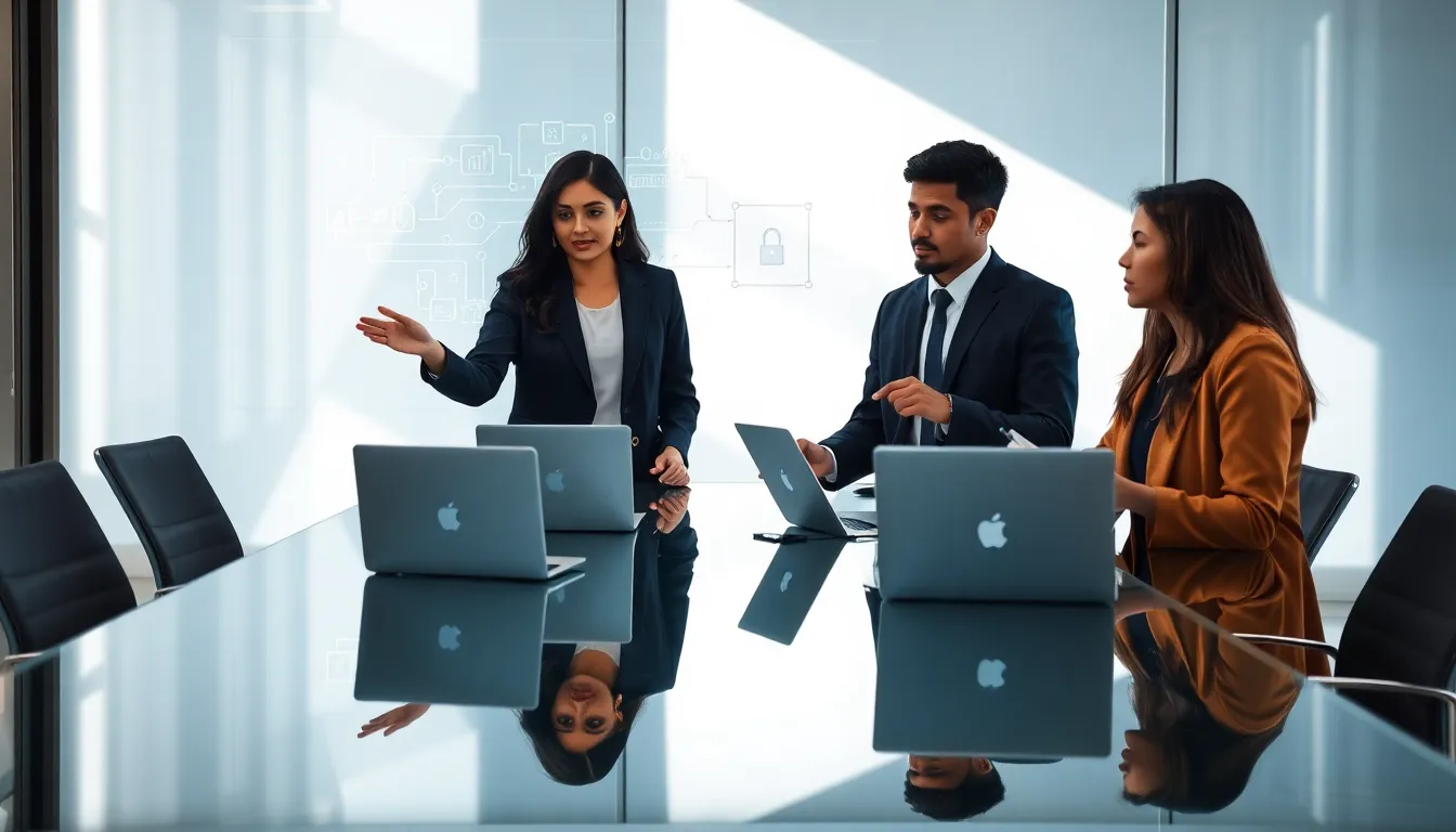 Diverse team collaborating in a modern office setting with technology visuals.